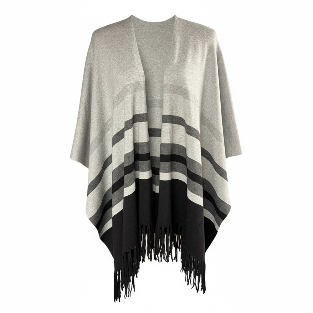 NWT Talbots‎ White Black & Gray Stripe Knit Ruana Poncho Wrap